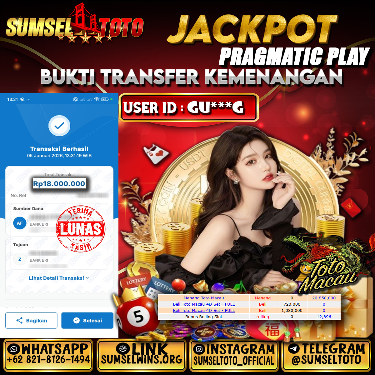 SUMSELTOTO JACKPOT TOGEL TOTO MACAU 4D Rp.18,000,000.,- LUNAS